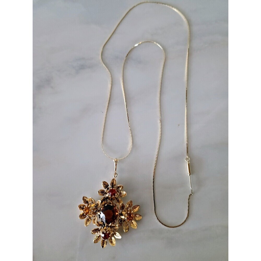 Vintage Made in Austria Yellow Amber Crystal Floral Cluster Gold Tone Necklace